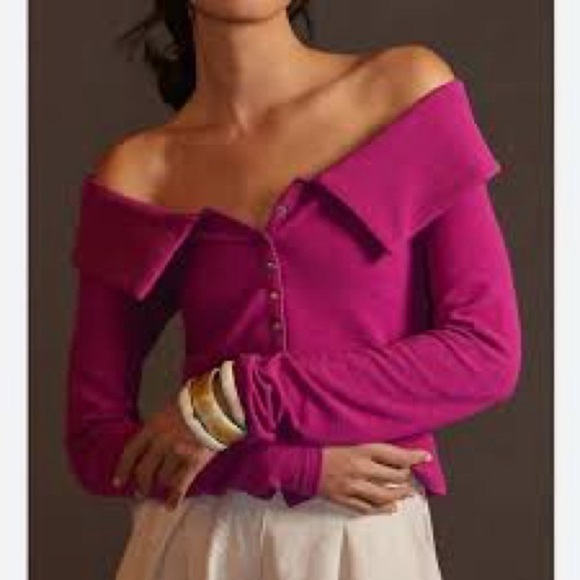 Anthropologie Maeve Off Shoulder Top Ribbed Collared Snap Front Long Sleeves XS - Picture 11 of 11